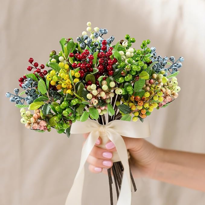 SHACOS 20 PCS Artificial Berry Stems Assorted Mixed Color, Fake Berries Branches Spray with Green Leaves 9.8 inch Small Berry Picks for Floral Crafts Centerpiece Bouquet Filler Home Wedding Decor