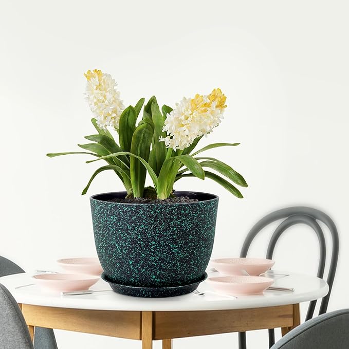 Meowell 12 inch Large Plant Pots, Plastic Planters with Drainage Holes and Saucers, Flower Pots for Indoor Outdoor Plants, Decorative Pots for Garden House Plants, Black with Green Speckles