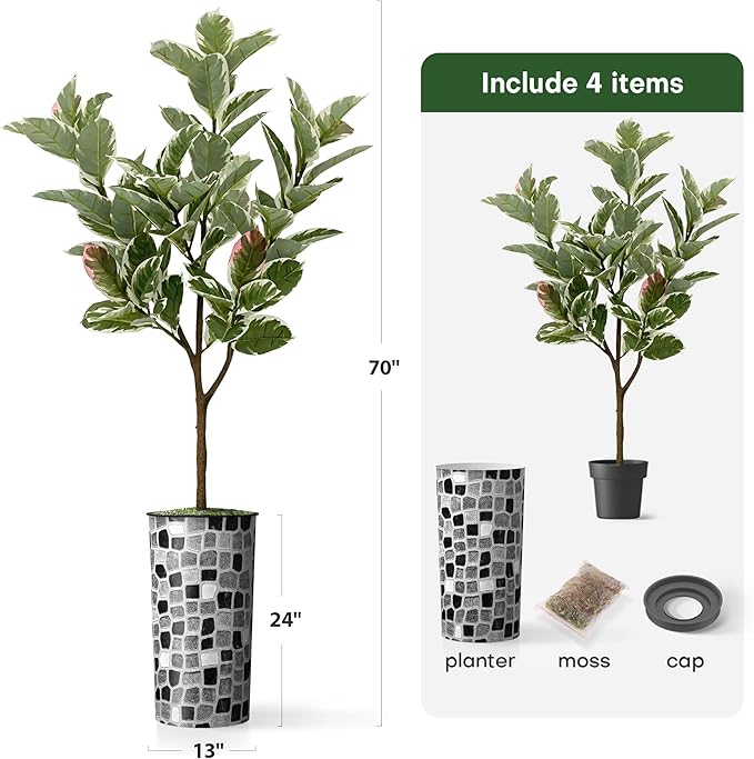 Artificial Tree in Modern Geometric Pattern Planter, Fake Rubber Silk TRE for Indoor and Outdoor Home Decoration - 70" Overall Tall (Plant Pot Plus Tree)