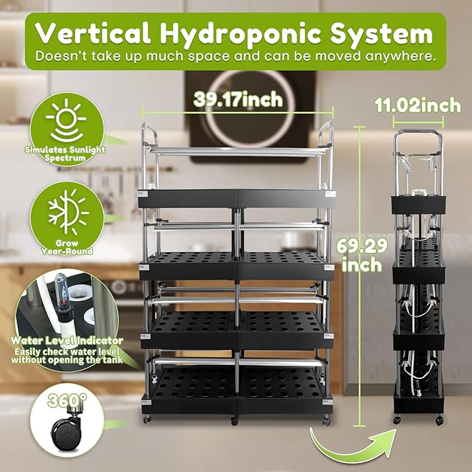 Large 4-Tier Hydroponics Growing System Kit, 160 Pods Vertical Hydroponic Garden with Full-Spectrum LED Grow Light, Dual Auto Circulating Water Pumps, 51L Indoor System for Herbs& Microgreens