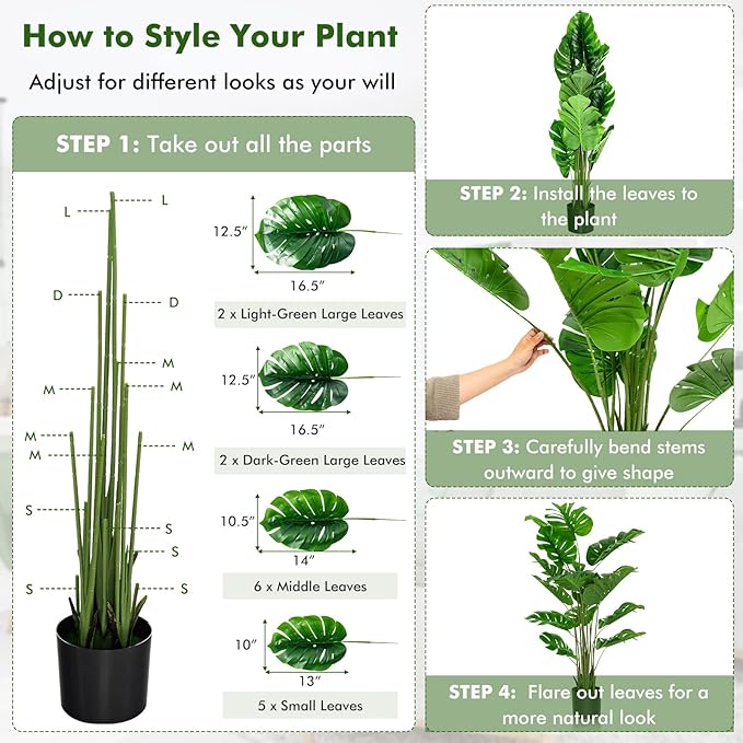 Goplus Artificial Monstera Deliciosa Plant, 5ft Tall Fake Tropical Palm Tree w/15 Pcs Different Turtle Leaves, Cement-Filled Plastic Pot, Faux Swiss Cheese Plant for Floor Home Office Decor