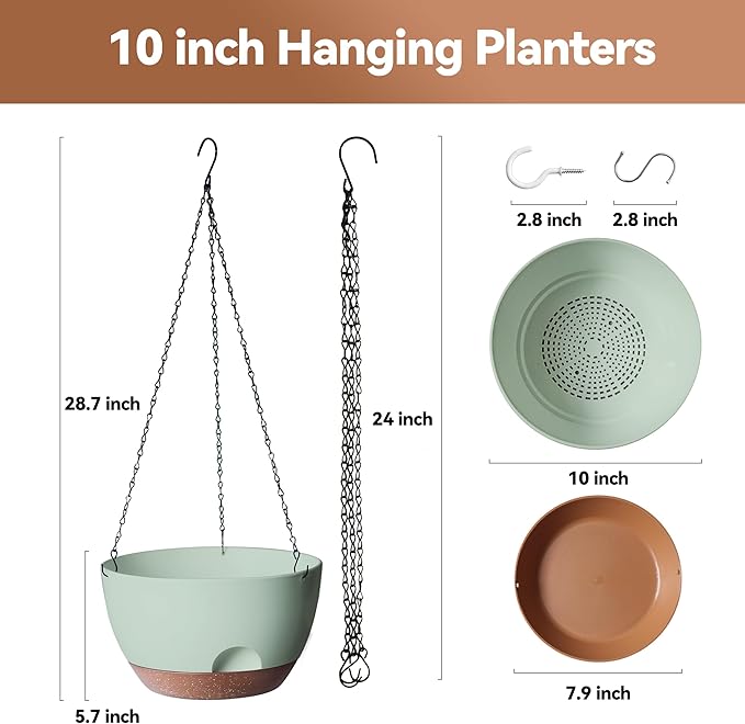 LESOASIS Hanging Planter for Indoor Plants, 10 Inch Self-Watering Hanging Planters with Drainage Holes and Chain, Set of 2 Outdoor Hanging Pots for Garden Home