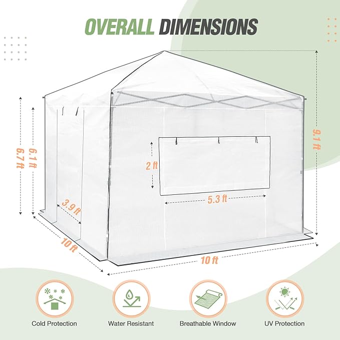 EAGLE PEAK Instant Pop-up Greenhouse, Indoor Outdoor Plant Gardening Green House, Roll-Up Zipper Doors and Side Windows, Walk in 10x10 ft, White/Clear