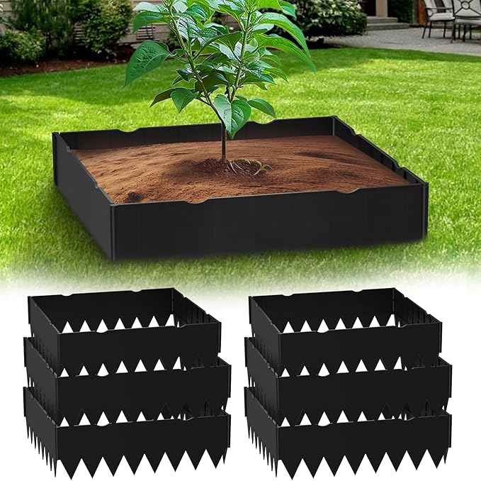 Riokko Planting Grow Rings, Garden Landscape Edging Border Ring, Square 16 Inch, Perfect for Deep Watering Veggies Herbs & Flowers, Protection and Edging of Garden Plants, Pack of 6, Black