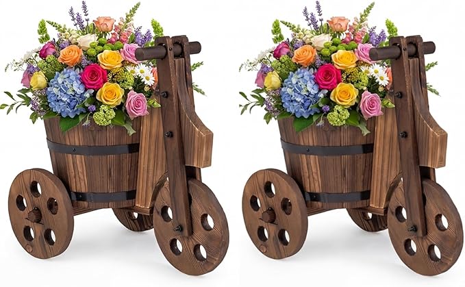 Giantex Wooden Wagon Planter with Wheels, Rustic Wood Plant Stand with 3 Wheels & Drainage Hole for Flowers Herbs Vegetables, Indoor Outdoor Decorative Garden Flower Cart for Patio Backyard (2)