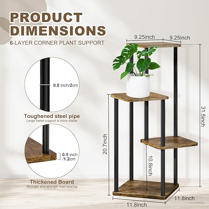 YOCOMEY 4 Tier Wood Tall Plant Stand Metal Rack Indoor, Multiple Flower Pot Holder Shelves Corner Rack, Planter Shelf Display Rack Storage Organizer for Patio Living Room Balcony Garden(Black)