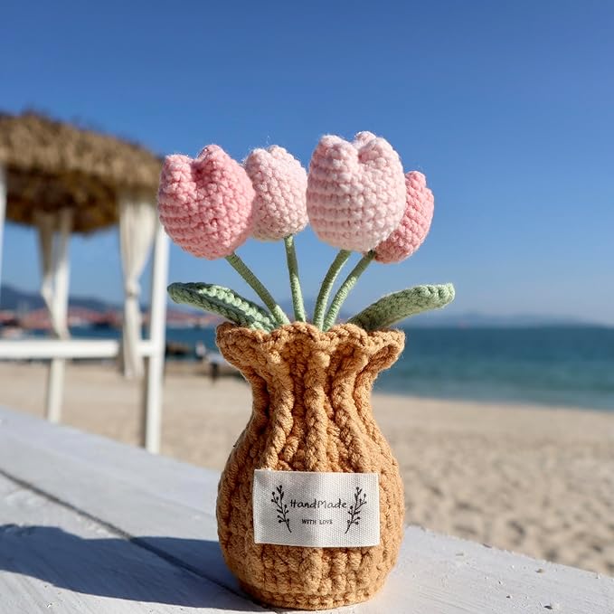 YOOJEE Tulip Crochet Flower Potted Plant Handmade Desk Decor Gift