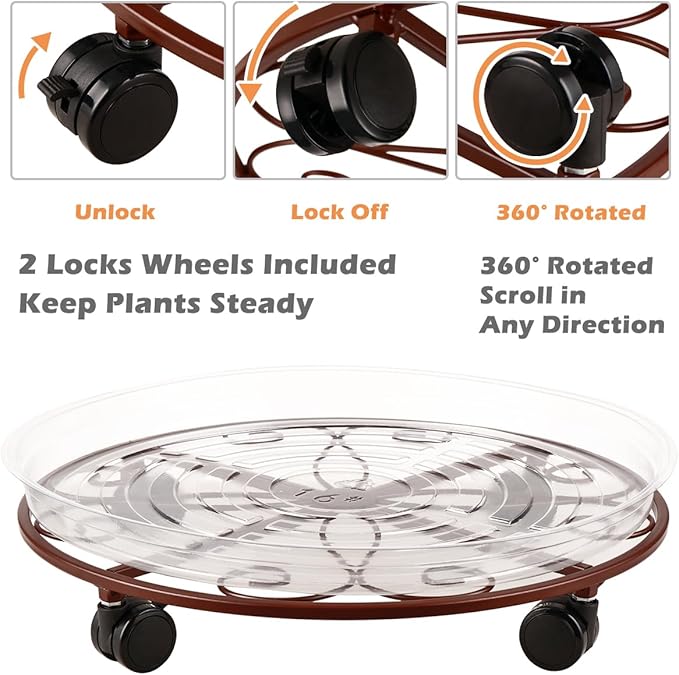 5 Packs 16” Plant Caddy with Wheels Large Metal Plant Stand with Wheels for Indoor and Outdoor Plants Rolling Plant Stand with Casters Heavy Duty Plant Dolly Roller Caddy, Bronze