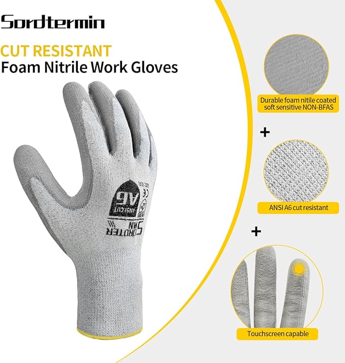 Cut Resistant Work Gloves, ANSI A6, PU Coated Palms for Flexible No Slip Grip, Food Grade, Abrasion Resistant