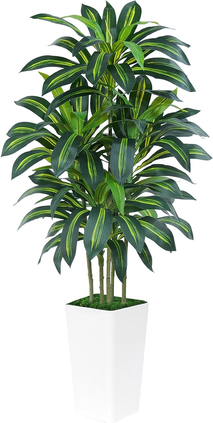 Keeplush 6FT Artificial Dracaena Tree - High-Density Foliage Fake Plant with White Tall Planter - Faux Yucca Floor Plant for Home Office Decor Indoor