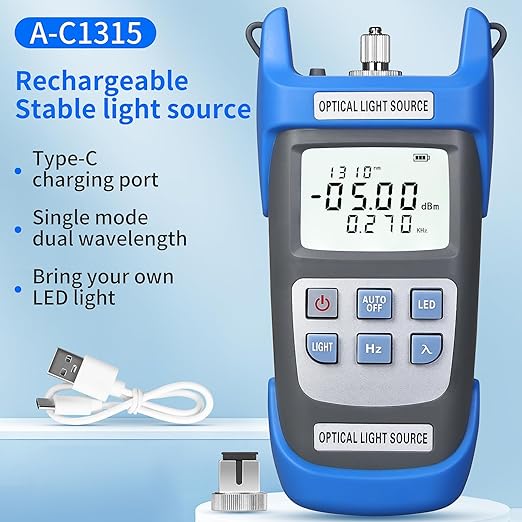 Rechargeable Fiber Optic Light Source A-C1315 Fiber Optic Cable Tester Single-Mode Dual wavelength 1310/1550nm Fiber Optic Power Meter Suitable for SC/FC/ST/LC Interface Equipped with 1 FC-LC Adapter