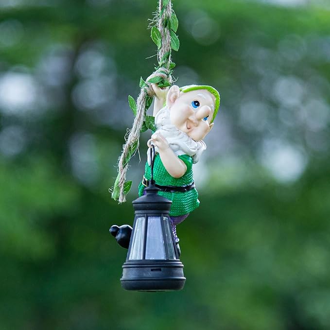 Garden Gnome Solar Lantern Decoration, Green and Purple, Weather-Resistant Resin, Hanging Style, Solar Powered, Whimsical Garden Decor, 6.3 Inch Height