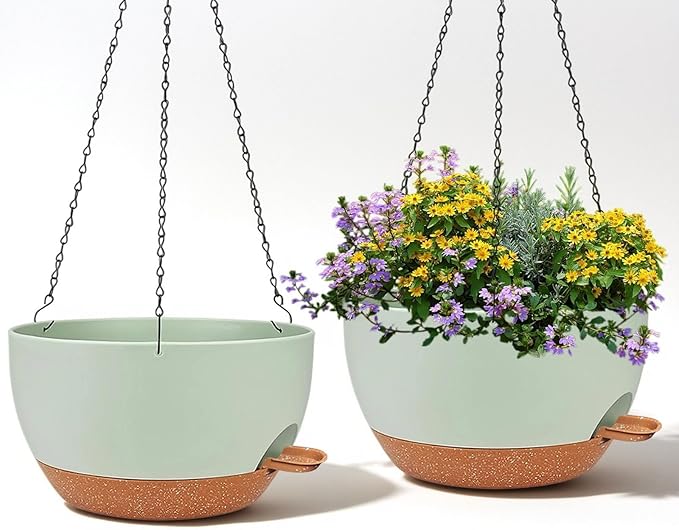 zople 2 Pack 12 Inch Large Hanging Planters with Chains Self Watering Green Brown Plastic Hanging Pots for Indoor Outdoor Plants, Garden Porch Home Decor，Green Brown