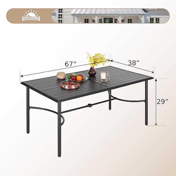 67" Patio Dining Table for 6,Large Rectangle Patio Table with Umbrella Hole,E-Coating and Powder Coating Steel Frame Metal Outdoor Patio Table for Garden Backyard Lawn Yard