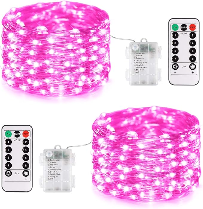 JMEXSUSS 2 Pack Pink Fairy Lights Battery Operated, Total 66ft 200 LED Twinkle String Lights with Remote, 8 Modes Valentine Lights for Bedroom Christmas Tree Anniversary Indoor Valentine's Day Decor