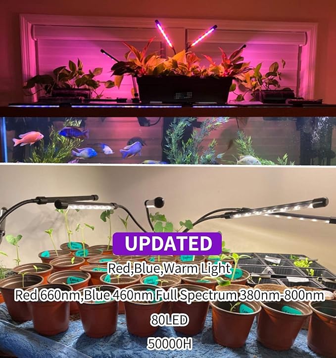 Grow Light for Indoor Plants -2 Packs Upgraded Version 80 LED Lamps with Full Spectrum & Red Blue Spectrum, 3/9/12H Timer, 10 Dimmable Level, Adjustable Gooseneck,3 Switch Modes (4 Heads 2Pack)