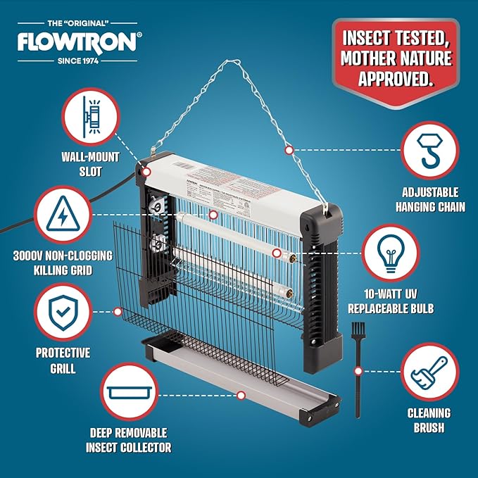 Flowtron Indoor Bug Zapper: 3000V Electric Insect Killer & Mosquito Trap - 800 Sq Ft Coverage - 20W Dual UV Light Fly Zapper for Kitchen, Bedroom, RV & Restaurant - Safe Gnat & Moth Killer