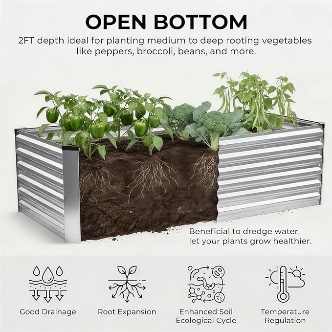8x3x2FT Galvanized Raised Garden Bed, Outdoor Metal Raised Planter Box for Vegetables, Elevated Rust-Resistant Rectangle Gardening Container Kit with Reinforced Panels for Backyard, Patio(Silver)