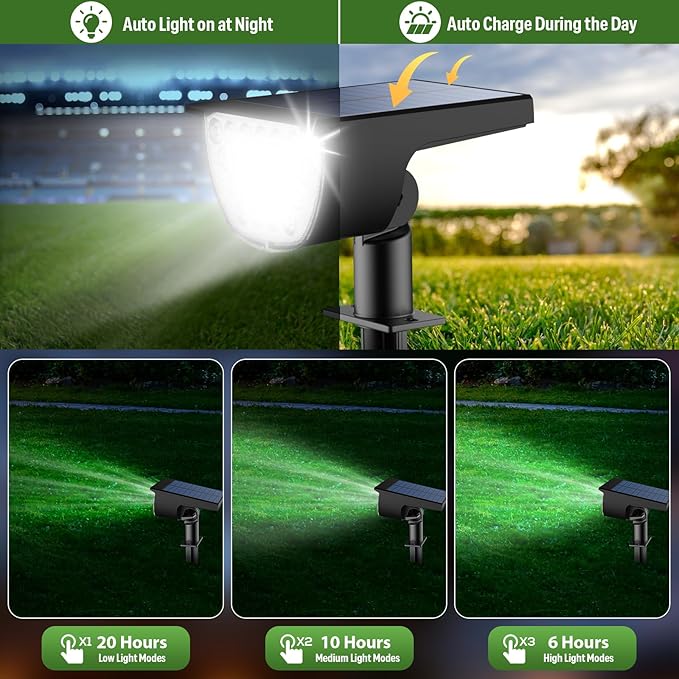 GKGG Solar Lights Outdoor Waterproof IP65, Solar Powered 76 LED 3 Lighting Modes Solar Spot Lights Outdoor for Yard Garden Landscape Pathway (Cool White, 6 Pack)