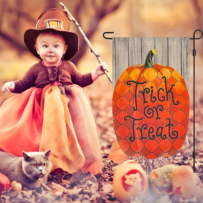 3D Halloween Trick or Treat Pumpkin Blackout Garden Flag ,Vertical Double Sided 12×18 Inch Retro Rhombus Pumpkin Yard Lawn Porch Flag ,Halloween Decorations Outdoor, Rustic Farmhouse Decor