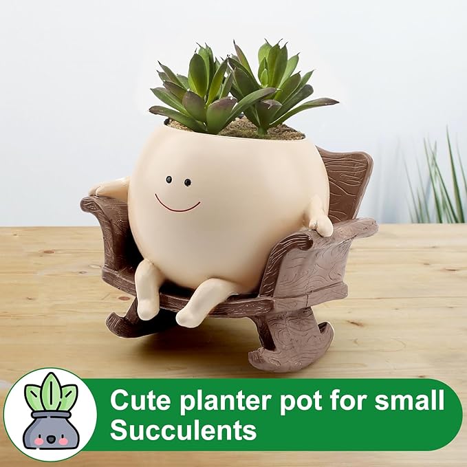 KIUGCO Cute Resin Flower Head Planters, Smily Face Planter Pots for Indoor Plants, Sit Rocking Chair Succulent Flower Pots with Drainage Hole, Gift IdeaI for Birthday