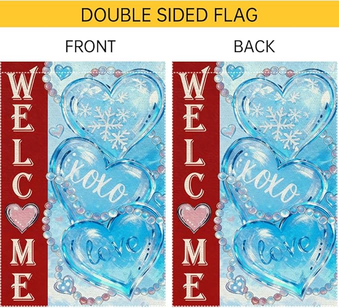 Welcome Winter Valentines Day Garden Flag 12x18 Inch Double-Sided Burlap with Snowflakes and Hearts for Home Decoration
