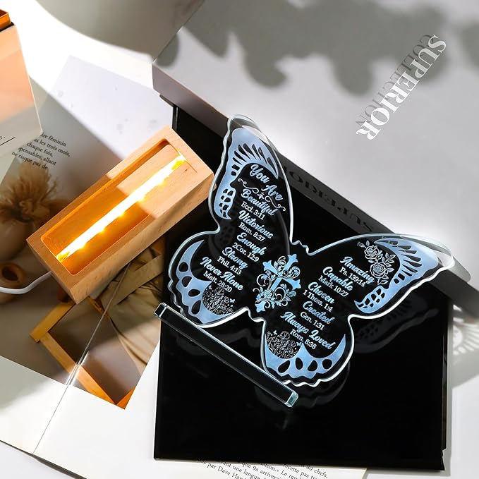 Ornalrist Christian Gifts for Women - Butterfly Inspirational Religious Gifts with Bible Verses and Prayers Rose Cross for Her, Mom, Friend, Sister - Religious Glass Keepsake Warm LED Light Base