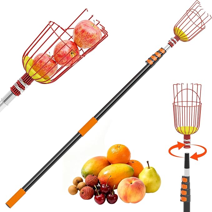 SPECILITE Fruit Picker, 5-20FT Adjustable Telescoping Pole with Basket, Aluminum Apple Picker Tool, Lightweight for Harvesting Orange, Mango, Avocado, Pear, Lemon, Garden Tree Fruit Catcher