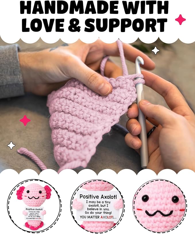 WEZADUK Positive Crochet Axolotl Gifts for Her Women, Mini Handmade Emotional Support Axolotl Plush with Encouraging Card, Motivational Christmas Birthday Gifts
