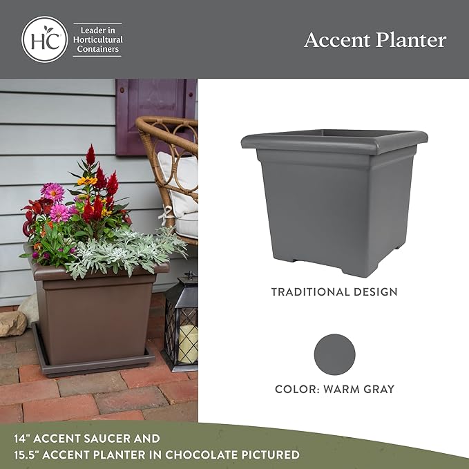 The HC Companies 15.5 Inch Accent Square Plant Pots with Drainage, Lightweight UV-Resistant Plastic Planters for Indoor & Outdoor Plants, 2-Pack Flower Pots for Garden, Office & Home Decor, Warm Gray