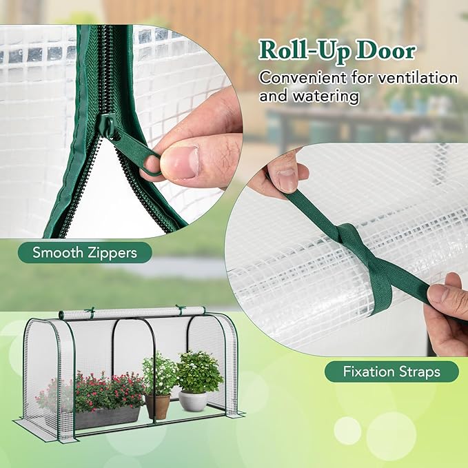 Toolsempire Raised Garden Bed with Greenhouse, Waterproof Sun-Protective Green House with Roll-Up Door & Electroplated Metal Frame, Fir Wood Elevated Planter Box with Drainage Holes(White+Gray)