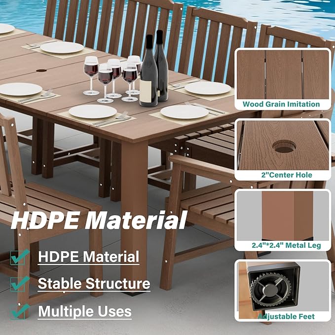 11-Piece Patio Dining Set, Outdoor Dining Set for 10, HDPE All-Weather Outdoor Furniture with 89.57” Umbrella Hole Table, 2 Armchairs & 8 Armless Chairs, Brown