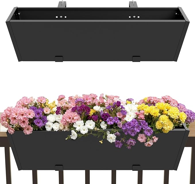 Railing Planter Box Metal Hanging Planter for Outdoor Balcony Heavy-Duty Window Planter Box with Adjustable Brackets 2PCS