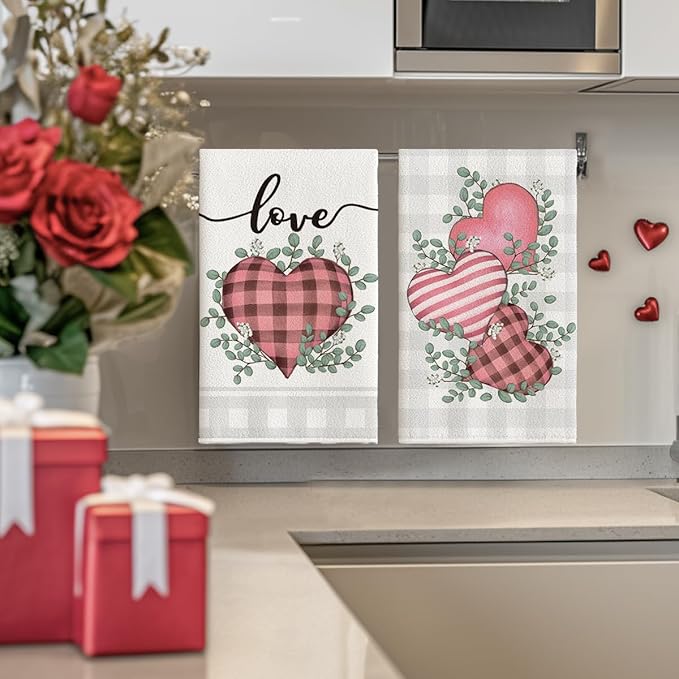 Artoid Mode Pink Buffalo Plaid Heart Love Valentine's Kitchen Towels Dish Towels, 18x26 Inch Anniversary Wedding Decoration Hand Towels Set of 2