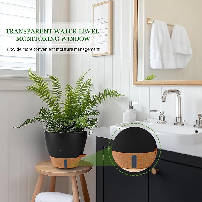 Fielda 2 Pack 10 inch Plant Pots, Plastic Self Watering Planters with Drainage Holes, Deep Reservoir, Water Level Indicator, Modern Decorative Flower Pots for Indoor Outdoor Plants (Black, 10 inch)