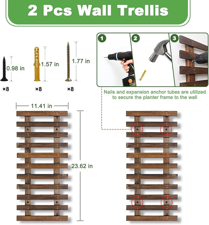 2 Pcs Wall Planters - 11.4"W x 23.62"H Wooden Wall Planters for Indoor Outdoor Plants,Hanging Wood Wall Trellis,Wall Mounted Plant Holder for Orchids,Succulent,Air Plants,Hanging Pots Display