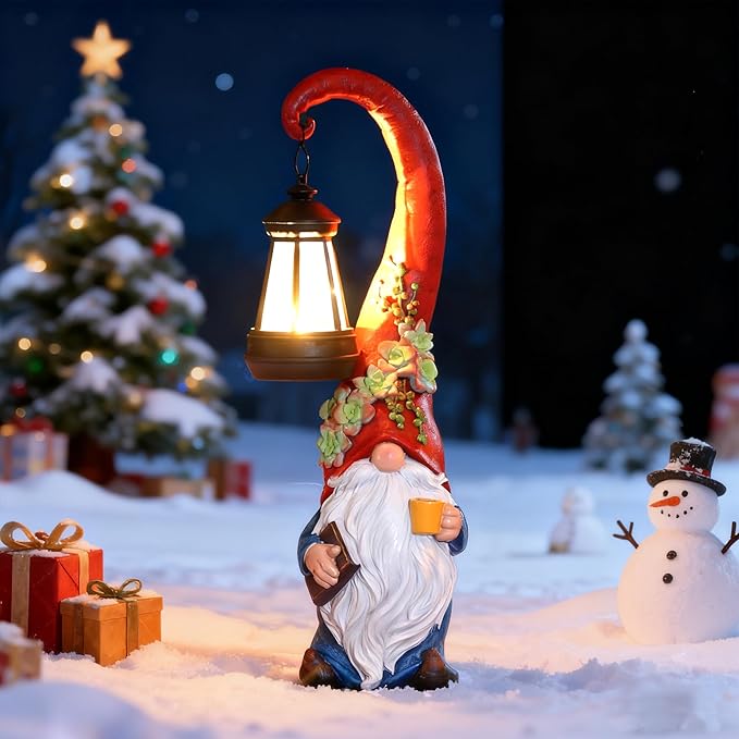 Roundot Coffee Gnome Garden Decor Statue Solar-Powered Gnome Ornament Lantern-Lit Courtyard Decoration Birthday Gift for Mom on The Patio