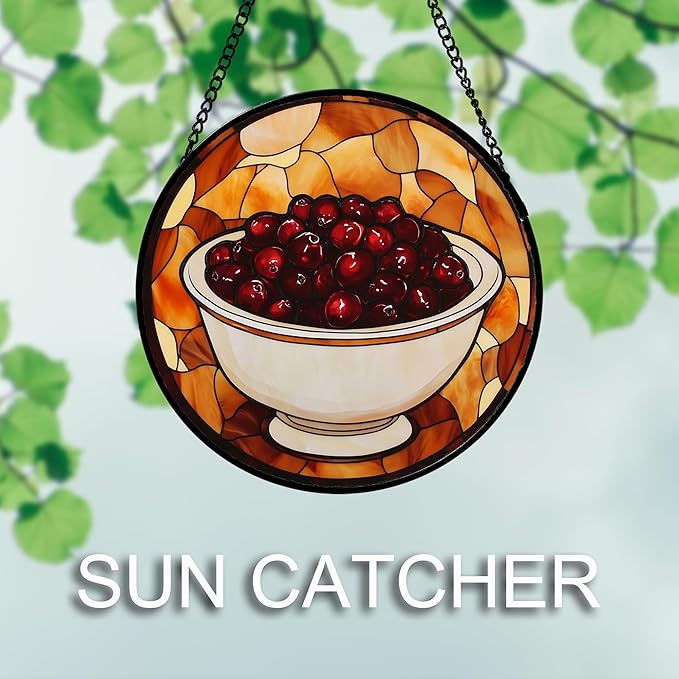 AMDERVEN Stained Glass Window Hanging 4 Pcs Set Brown Turkey Berry Corn 9.8" - Suncatcher Door Garden Sun Catcher Decor Birthday Thanksgiving Mother's Day for Mom Woman Nana Men