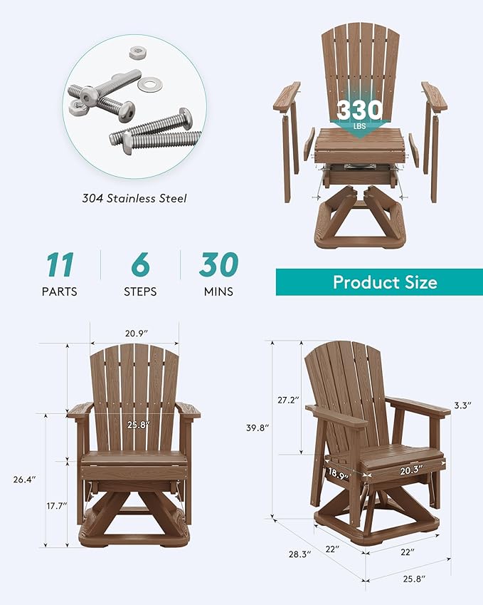 SERWALL Adirondack Swivel Glider Chair, HDPE Glider Set of 4 for Outdoor, All-Weather Glider Chair for Porch, Balcony, Wood Brown