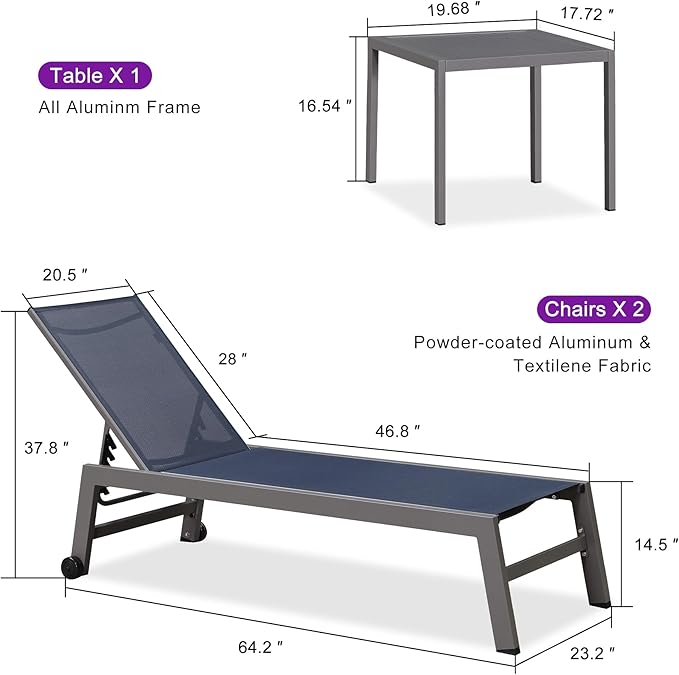 PURPLE LEAF Outdoor Lounge Chair Set for 2 Pool Reclining Lounge Chairs with Easy-to-Move Wheels and Adjustable Backrest Aluminum Patio Chaise Lounger for Beach Yard Pool Table Included, Ocean Slate