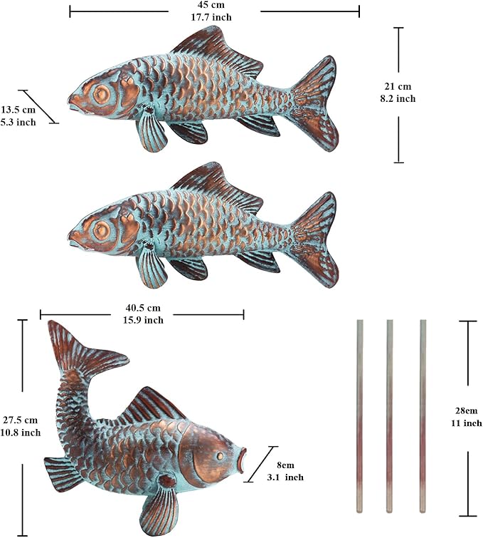 Metal Koi Fish Statues Garden Decor Antique Copper Koi Outdoor Sculptures & Statues for Patio,Backyard,Pond,Home Decoration,Metal Fish Stakes for Outside,Gardening Gift for Mom Grandma,Set of 3