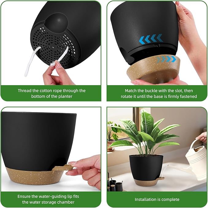 Hylitong Plant Pots 8/7.5/7/6.5/6 Inch Self Watering Pots,5 Pack Planters with Drainage Holes and Saucers,Plastic Flower Pots,Nursery Planters for Indoor Outdoor Plants (Black)