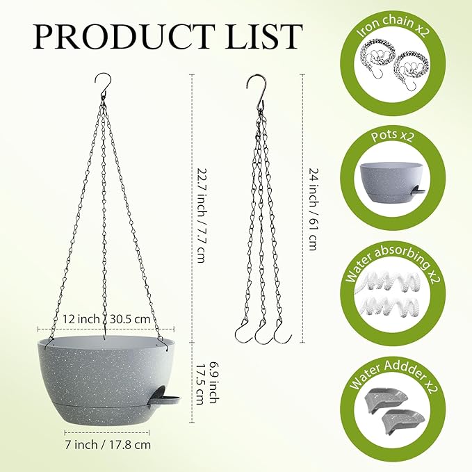 SQKH 12 Inch Hanging Baskets 2 PC with Chains, Self-Watering Hanging Planters for Indoor Outdoor Plants, Plastic Hanging Flower Pots,Speckled Grey