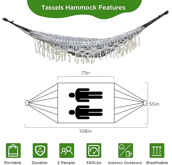 Black with Wirte Bohemian Striped Fringe Double Hammock - Soft Cotton Fabric Outdoor Indoor Hanging Bed with Durable Ropes, Space-Saving Design for Garden, Patio, Backyard, Porch, Beach Camping