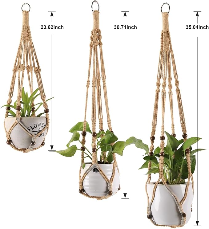 MKO SHUN 3-Pack Macrame Plant Hanger Indoor - Hanging Planter Basket for Indoor Outdoor - Decorative Boho Plant Holders Set with Beads - Ceiling Flower Pot Holder with 6 Hooks - 35"/30"/24" Linen