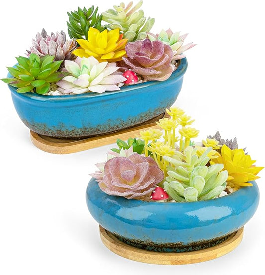ARTKETTY Succulent Pots, 1 Rectangle Planter + 1 Ceramic Bonsai Pot with Drain Tray, 2 Pack Large Shallow Succulent Planters for Indoor Plants, Round Cactus Flower Plant Pot for Desk Windowsill Decor