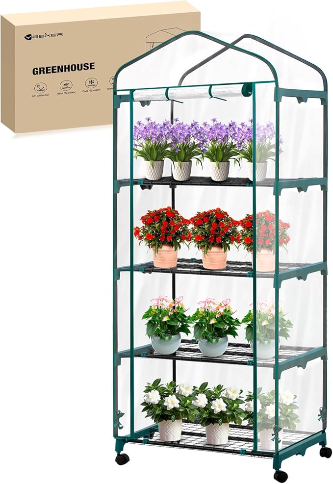 Yesker Mini Greenhouse 27"x20"x63" Portable Indoor /Outdoor Small Green House with 4 Tier 4 Shelves Wheels Transparent PVC Cover Compact Greenhouse Kit for Winter Gardening Balcony Patio Backyard