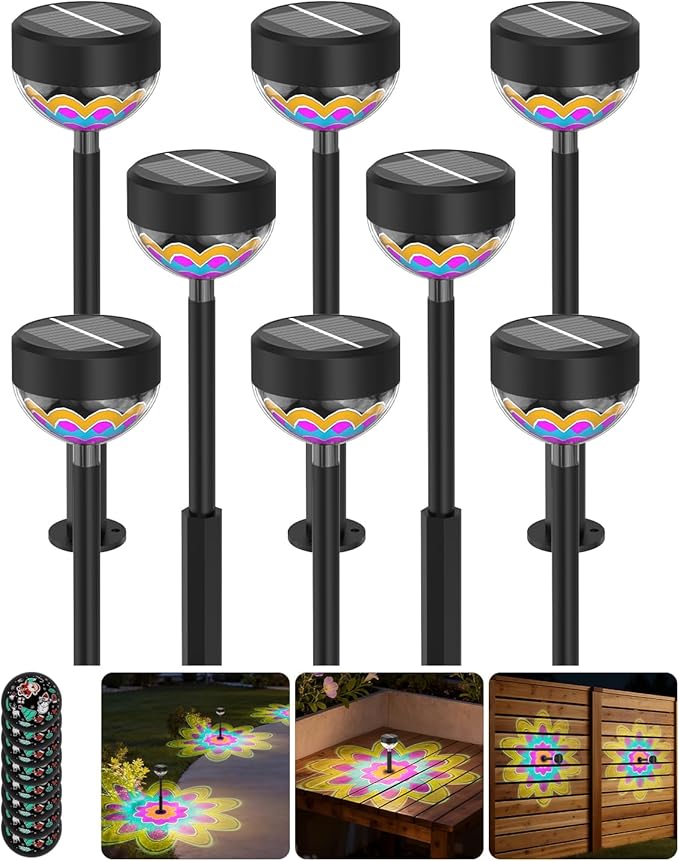 Solar Pathway Lights 8Pack, 1200mAh Solar Garden Lights 2 Themes (Flower & Christmas), Height-Adjustable, Waterproof LED Outdoor Projection Lights for Yard Lawn Backyard Walkway Landscape Decorative
