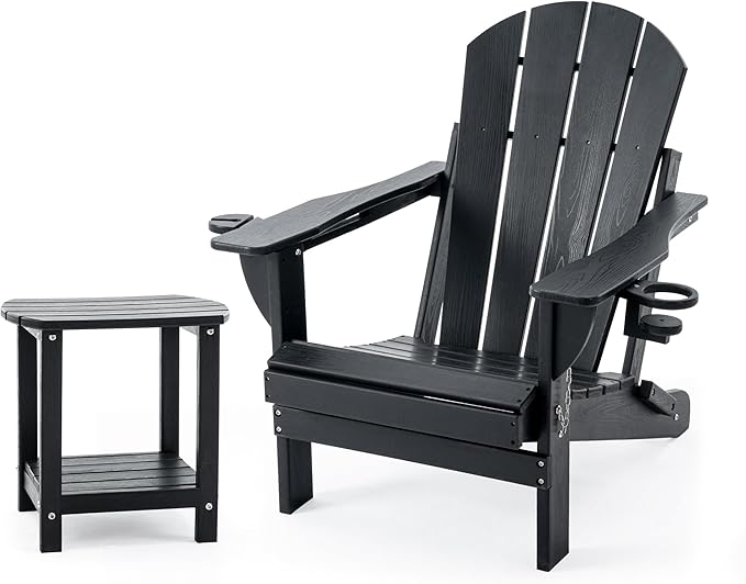Folding Adirondack Chair Set with Side Table - HDPE Outdoor Patio Chairs, Weatherproof Chair with Reclining Back, Cup & Phone Holder, and 2-Tier Storage End Table for Firepit or Garden(Black)