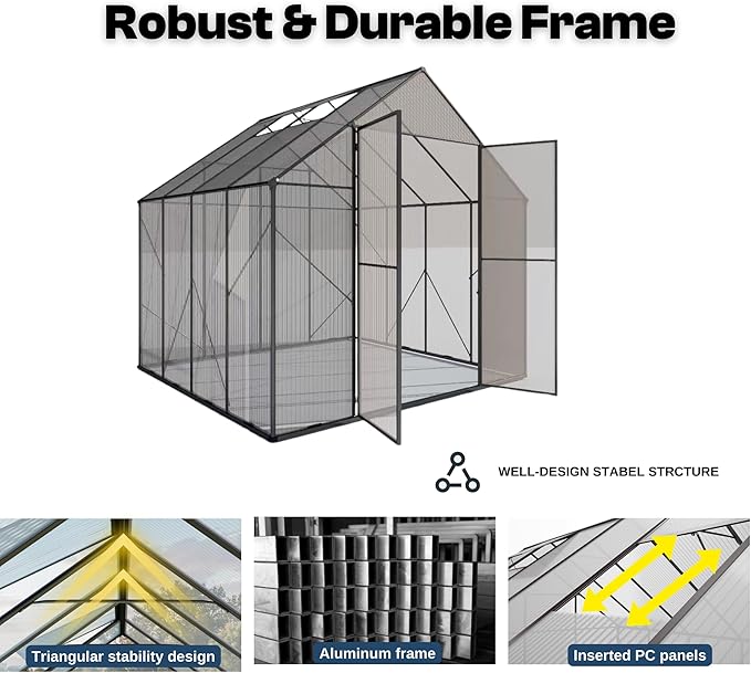 Kingdura 8x8ft Walk-in Greenhouse for Outdoors, Large Polycarbonate Greenhouses with Heavy Duty Aluminum Frame, Adjustable Roof Vent, Lockable Door, UV Protection for Outside Garden Backyard